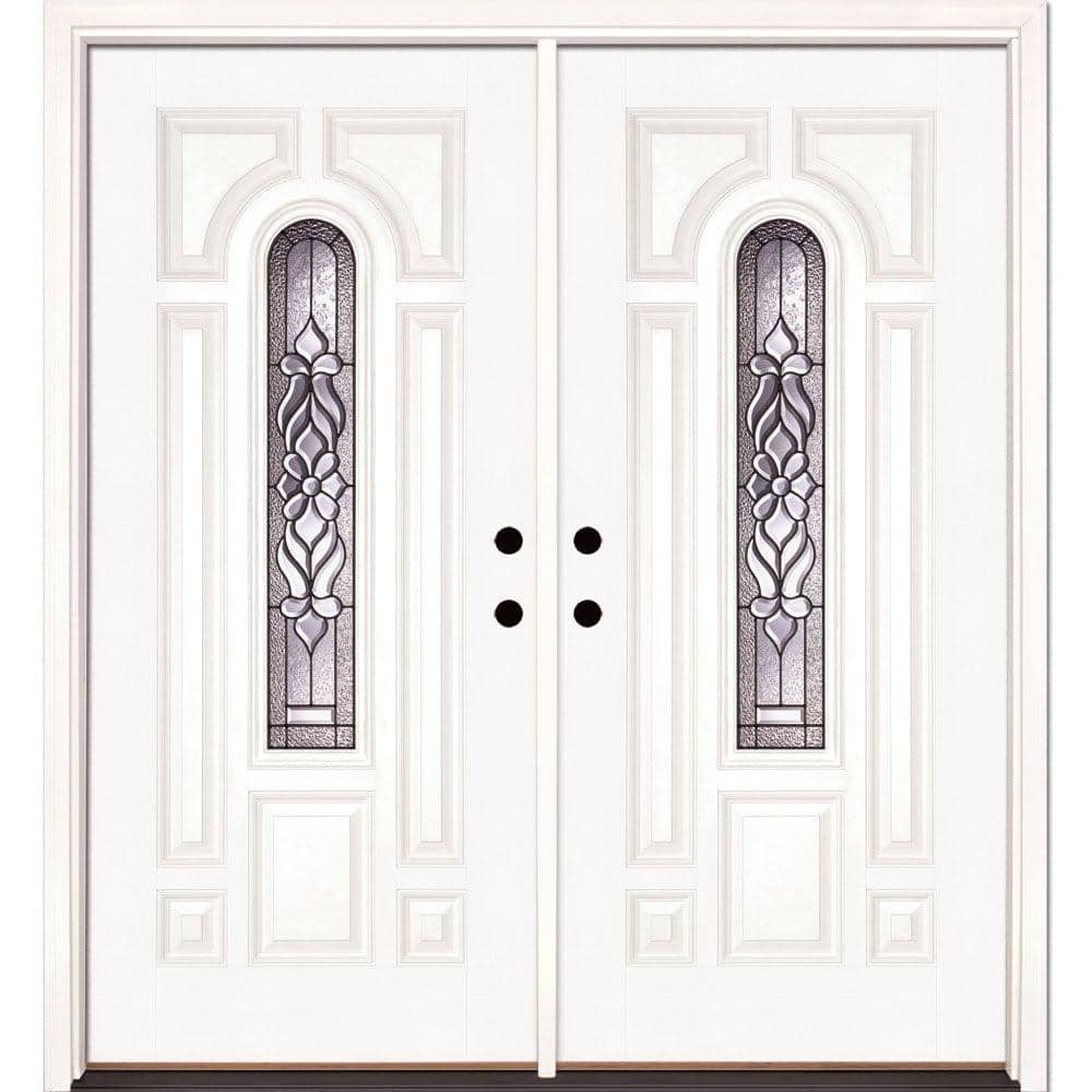 Feather River Doors 74 in. x 81.625 in. Lakewood Patina Center Arch Lite Unfinished Smooth Right-Hand Fiberglass Double Prehung Front Door, Smooth White: Ready to Paint -  323191-400