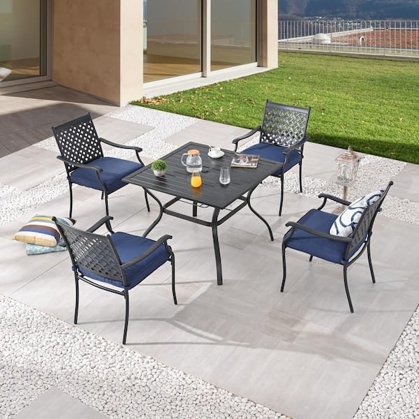 Patio Festival 5-Piece Metal Square Outdoor Dining Set with Blue Cushions