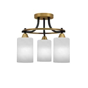 Madison 14.25 in. 3-Light Matte Black and Brass Semi-Flush Mount with White Marble Glass Shade