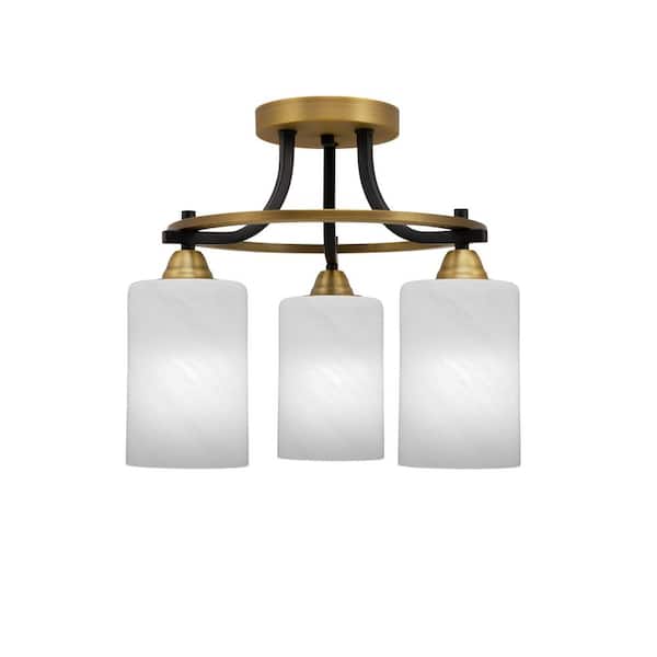 Unbranded Madison 14.25 in. 3-Light Matte Black and Brass Semi-Flush Mount with White Marble Glass Shade