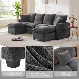 110 in. Square Arm Chenille 6-Piece 6-Seater Modular Freely Combinable Sectional Sofa With Ottoman in Gray