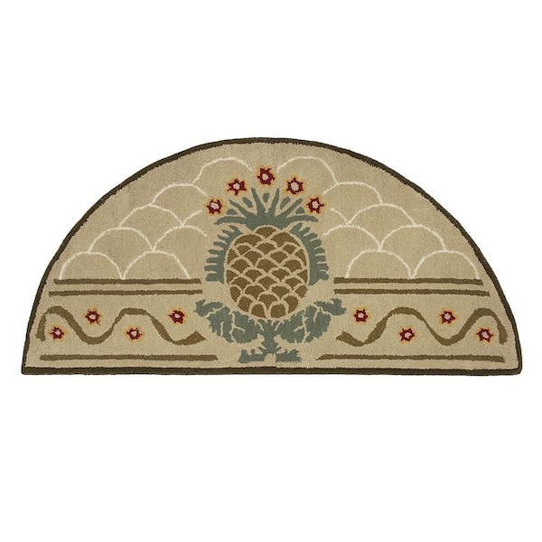 Hospitality Half Round Hearth Rug with Pineapple Design, 56 Inch Long, Beige