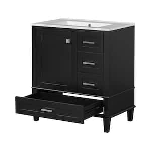 30 in. W x 18.3 in. D x 34 in. H Black Bathroom Vanity Freestanding , Solid Wood Frame, Top Ceramic with White Basin