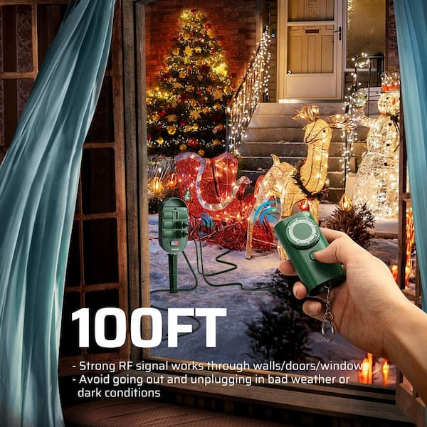 Outdoor Photocell Power Stake Timer with 6FT Extension Cord & 6 Grounded Outlets, 100FT Control Range for Lights, Yard