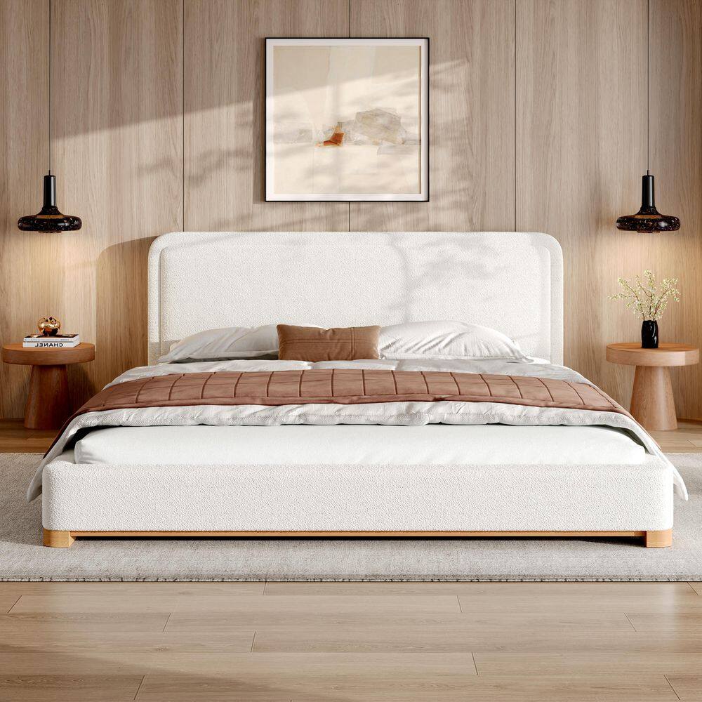 White Wood Frame King Size Soft Boucle Upholstered Platform Bed with Solid Rubber Wood Base and Legs - thumbnail 10