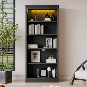 Black 83.4 in. H Wood Home Office 5-Shelf Standard Bookcase with Adjustable Shelves, LED Lights