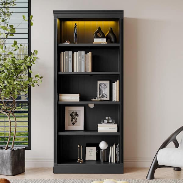 Black 83.4 in. H Wood Home Office 5-Shelf Standard Bookcase with Adjustable Shelves, LED Lights