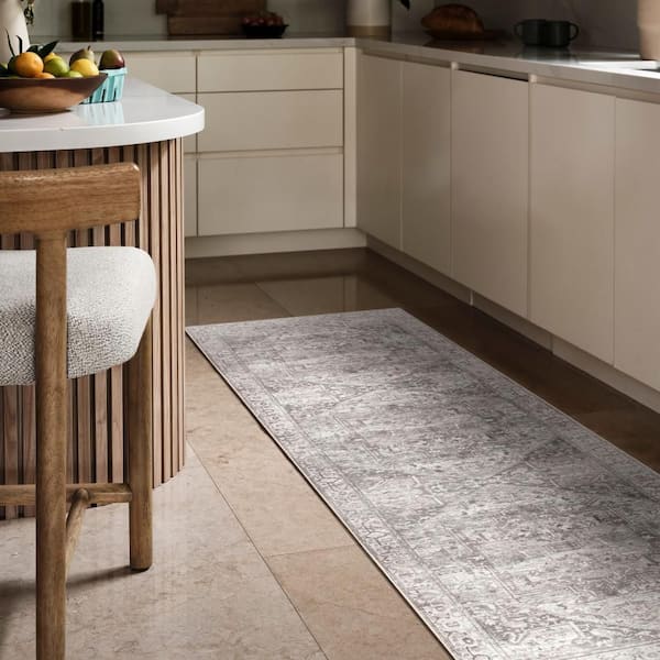 Atrium Medallion Spill Proof Washable Grey 2.6 ft. x 8 ft. Indoor Area Rug