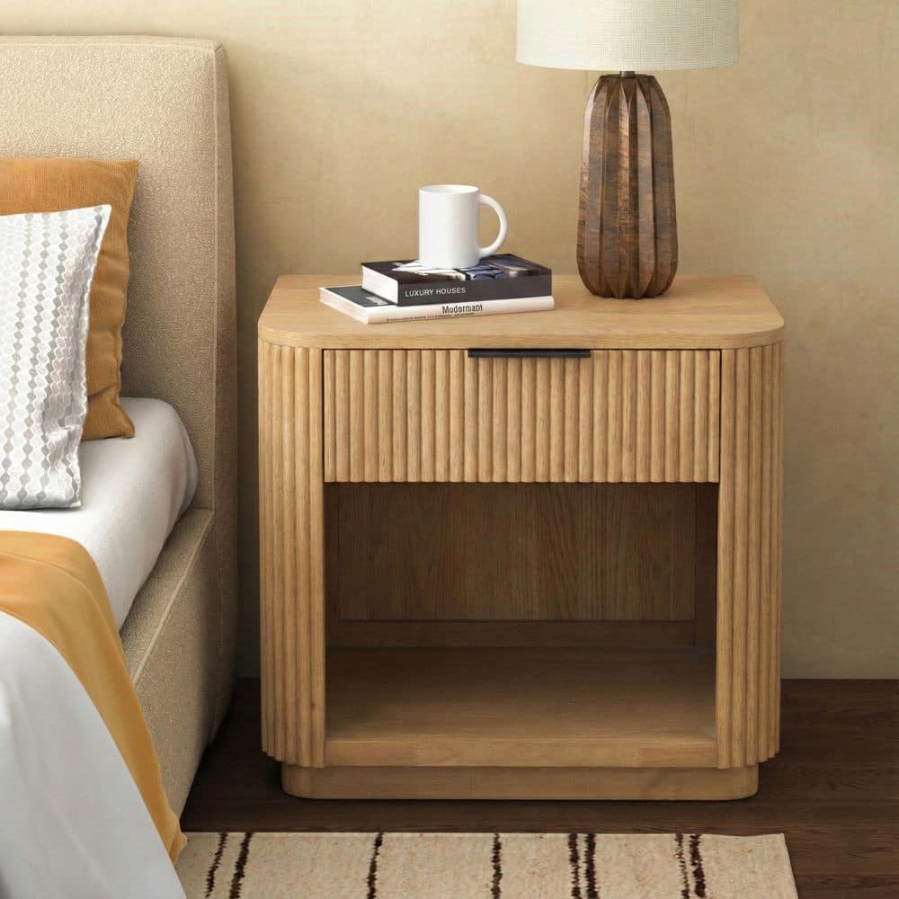 SAFAVIEH Barrymore Greige Oak 1 Drawer Nightstand SFV2224A - The