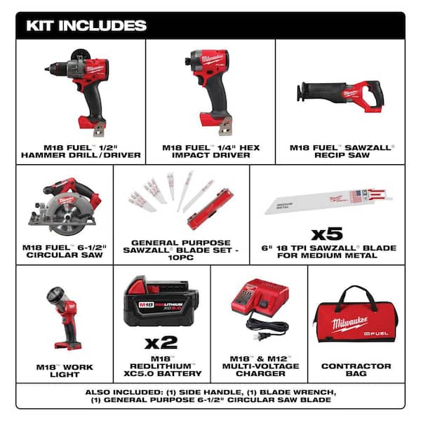 M18 FUEL 18V Lithium-Ion Cordless Combo Kit (5-Tool) w/ 2 5.0 Ah Batteries, Charger & SAWZALL Blades (15-PC)