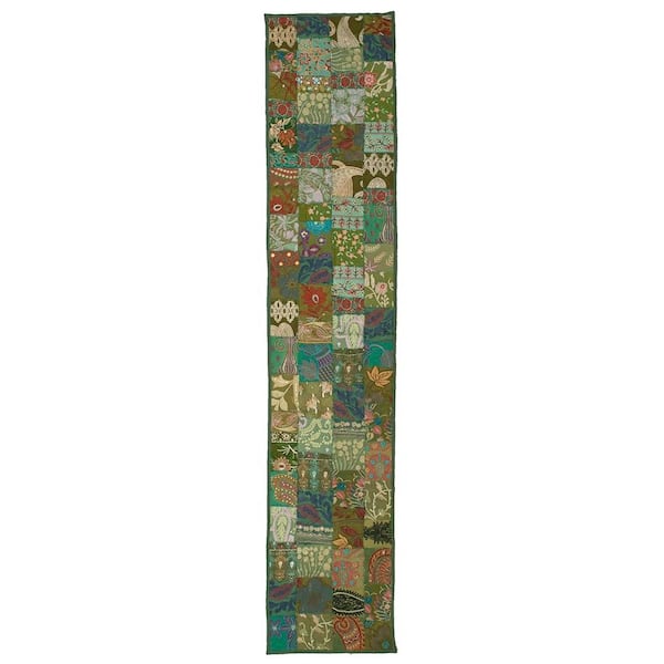 LR Home Timbuktu 16 in. H x 80 in. W Hand Crafted Green Cotton and Poly Recycled Sari Table Runner