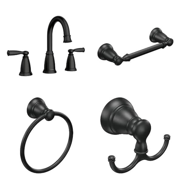 Banbury Matte Black 8 in. Widespread Faucet with Valve, Toilet Paper Holder, Towel Ring and Robe Hook Combo