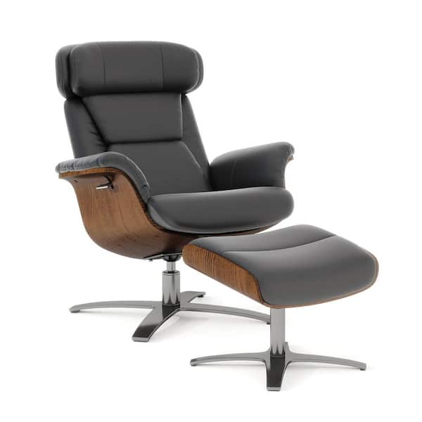 Jennifer Taylor Jovan 31.5 in. Mid-Century Modern Genuine Leather Living Room Recliner Lounge Chair and Ottoman Set in Shadow Gray