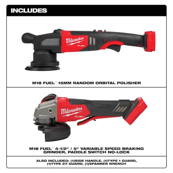 M18 FUEL18V Lith-Ion Brushless Cordless 15MM DA Polisher w/ 4-1/2 in. /5 in. Grinder w/ Variable Speed & Paddle Switch