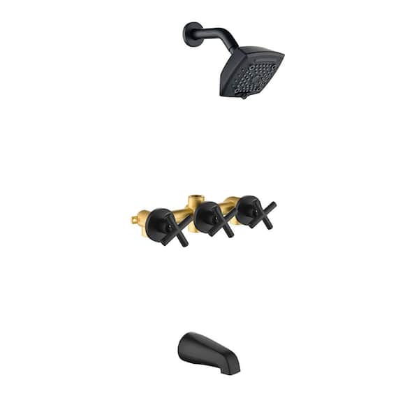Triple Handle 6-Spray Wall Mount Tub and Shower Faucet 1.8 GPM Brass 5 in. Shower System in Matte Black Valve Included