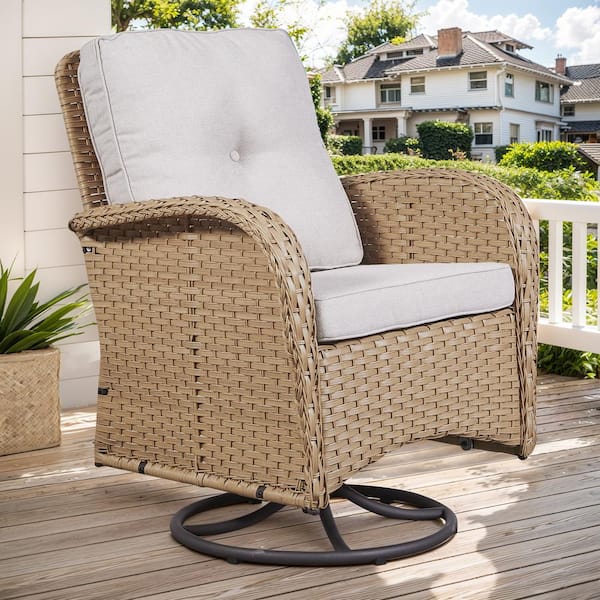 Opohoro PlainCurve Metal and Yellow Wicker Outdoor Rocking Chair Patio Swivel Chairs with Olefin Beige Cushions