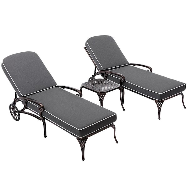 DESwan Messer Bronze 3-Piece Aluminum Outdoor Chaise Lounge with Gray Cushions and Table