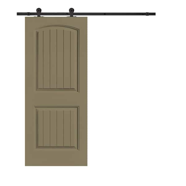 CALHOME Elegant Series 30 in. x 80 in. Olive Green Stained Composite MDF 2 Panel Camber Top Sliding Barn Door with Hardware Kit