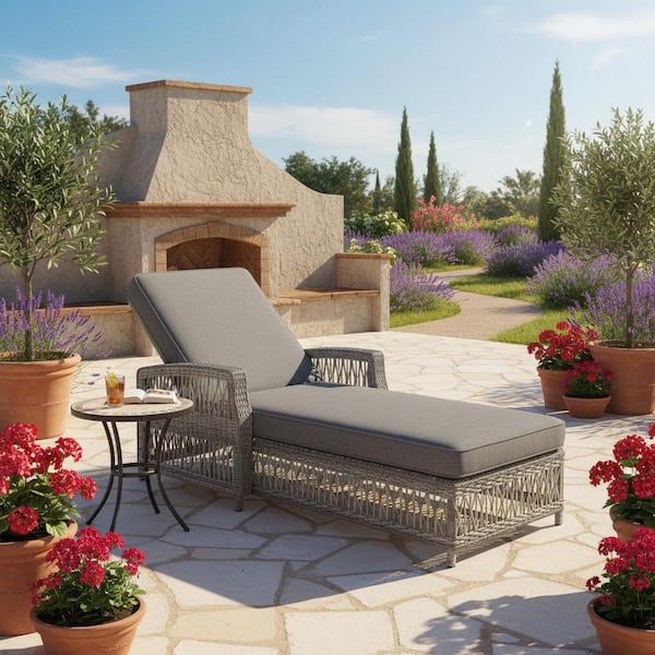 Lycvki Gray Wicker Outdoor Chaise Lounge with Gray Soft Removable