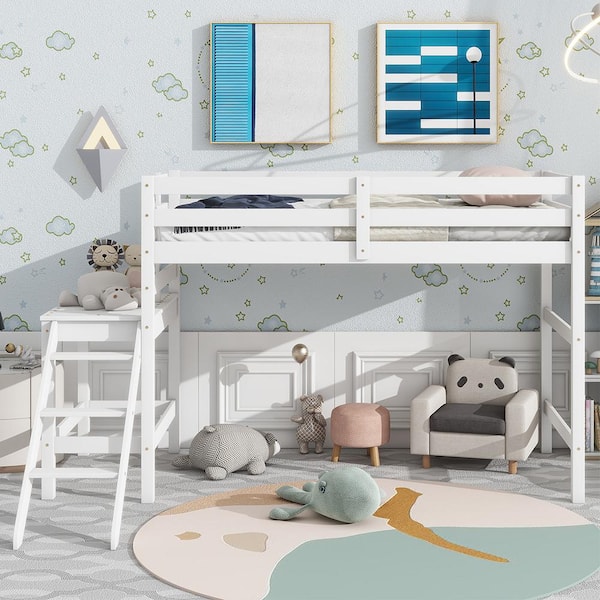 YOFE New Upgrade Pine Wood White Twin Loft Bed Kid Bed Frame with Platform, Guard Rail and Ladder, No Box Spring Needed