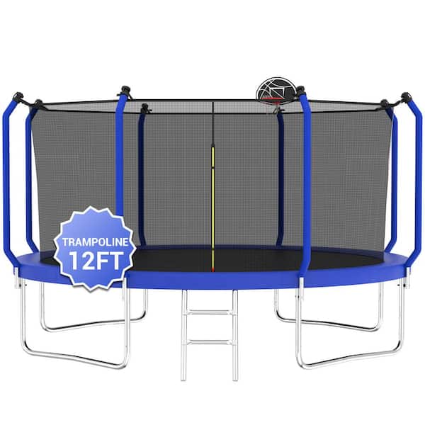SUNRINX 12 ft. Blue Round Trampoline with Safety Enclosure Net and Basketball Hoop