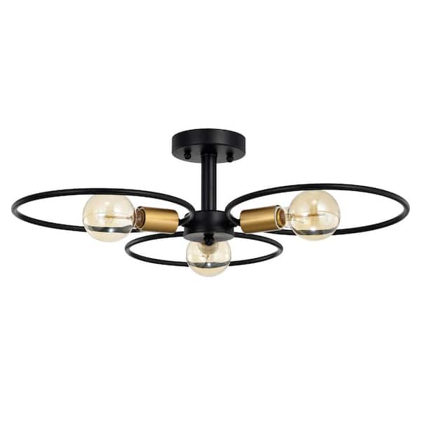 Warehouse of Tiffany Lucina 25 in. 3-Light Indoor Matte Black Semi-Flush Mount Ceiling Light with Light Kit