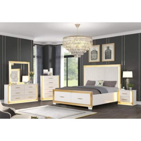 Contemporary 5PC King Bed with Gold Finish & LED Lights
