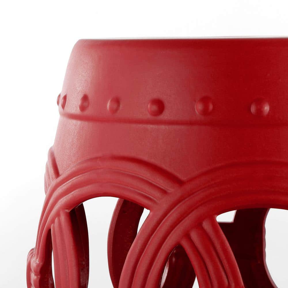 Matte Red 16" Ceramic Drum Garden Stool with Lucky Coin Symbols
