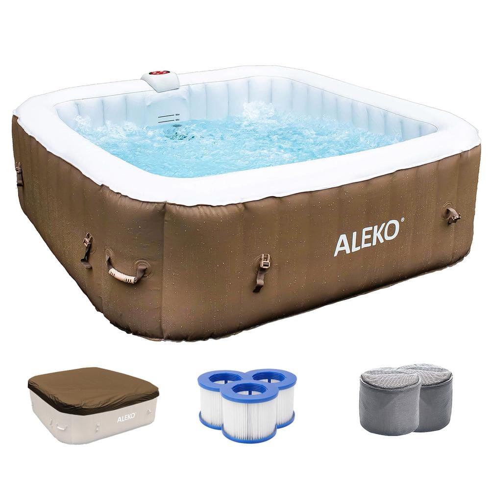 Brown and White 6-Person Square Inflatable Hot Tub Spa with Cover