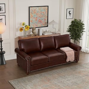 82.7 in. Round Arm Faux Leather Rectangle Storage Nails Sofa in. Burgundy Red
