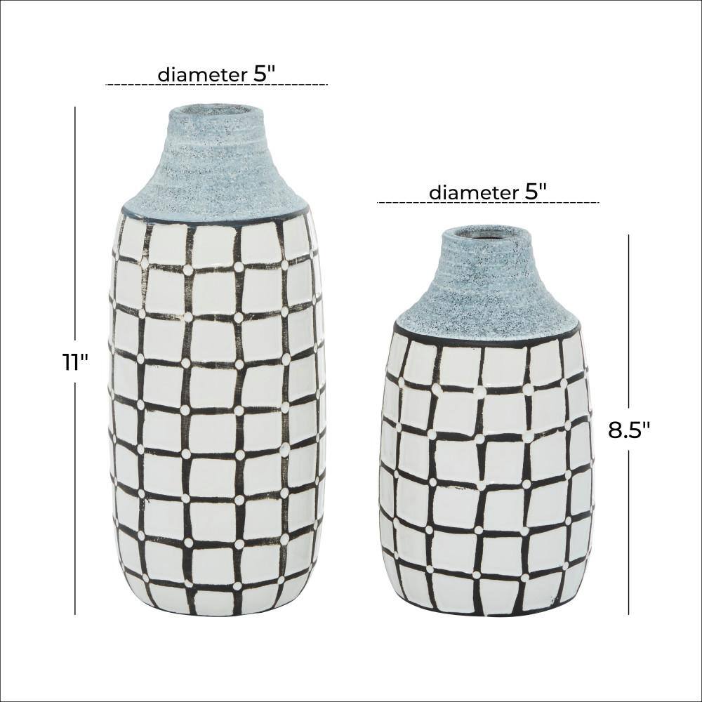 Coastal Charm White Ceramic Vase Duo with Grid Pattern