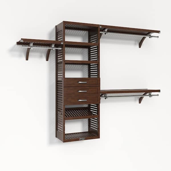 John Louis Home 72 in. W - 120 in. W Chestnut Walk in with 3 Shaker Style Drawers 16 in. Shelf Wood Closet System