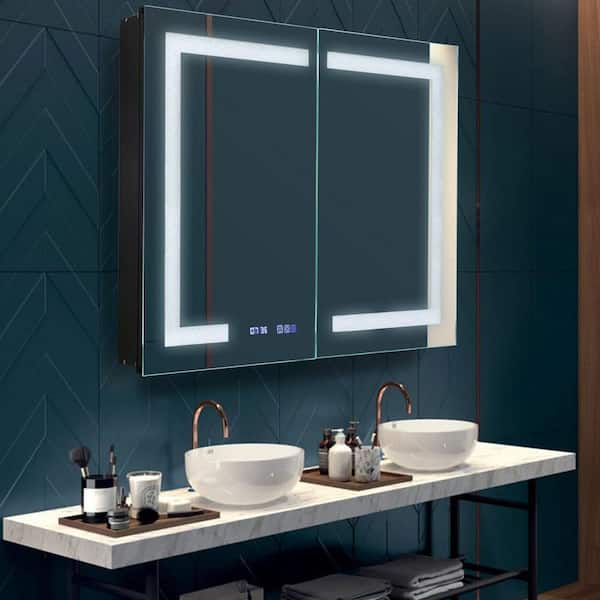 tunuo 40 in. W x 32 in. H Rectangular Black LED Light Aluminum Recessed/Surface Mount Medicine Cabinet with Mirror
