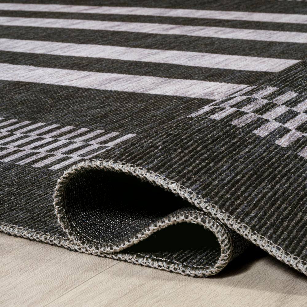 Ivory and Black Striped Synthetic Washable Area Rug