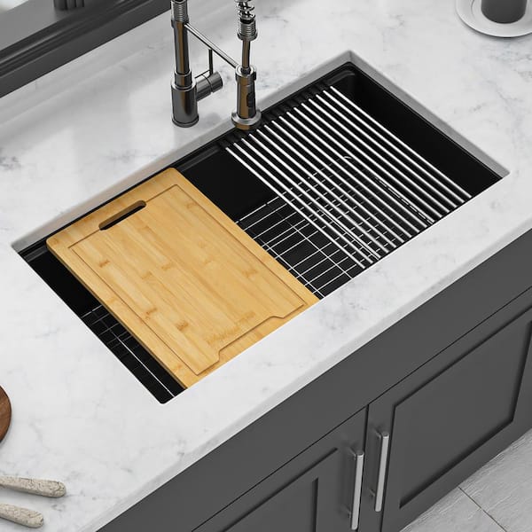 Coporesell 32 in. Undermount Single Bowl Black Quartz Kitchen Sink with Workstation