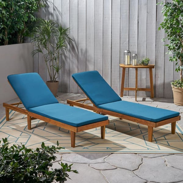 Noble House Nadine Teak Brown 2-Piece Wood Outdoor Patio Chaise Lounge with Blue Cushions