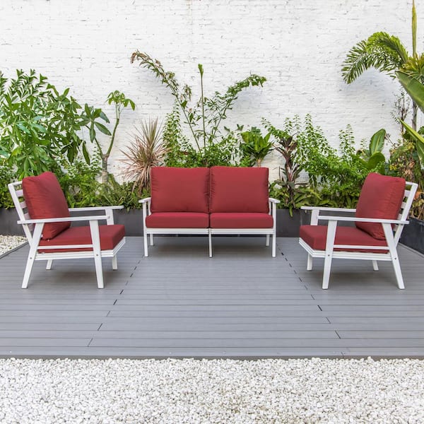 Leisuremod Walbrooke White 3-Piece Aluminum Outdoor Sectional Set with Removable Cushions Loveseat and Set of 2 Armchair, Red