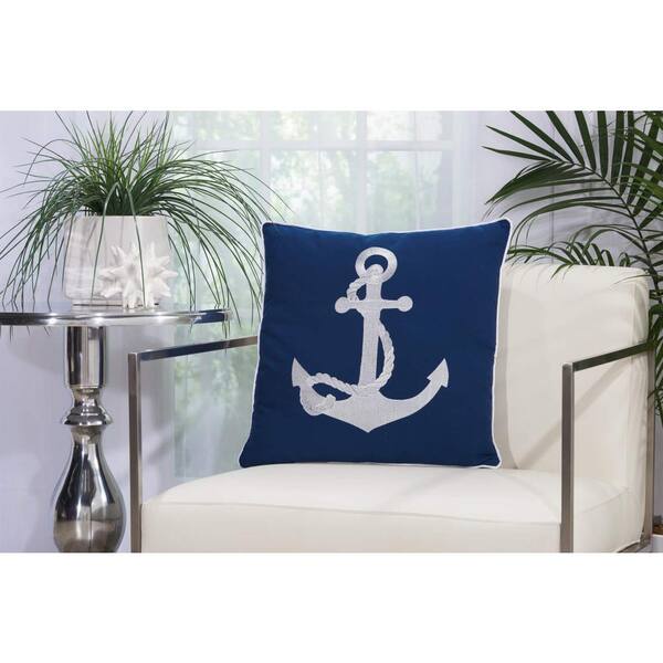 Mina Victory Embroidered Anchor Navy and White Geometric Stain Resistant Polyester 18 in. x 18 in. Throw Pillow