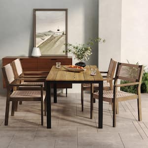 Lysandra 5-Piece Outdoor Patio Dining Set, Rope Weave Chairs, Metal Frame Table, Acacia Wood, Grey + Light Brown + Black