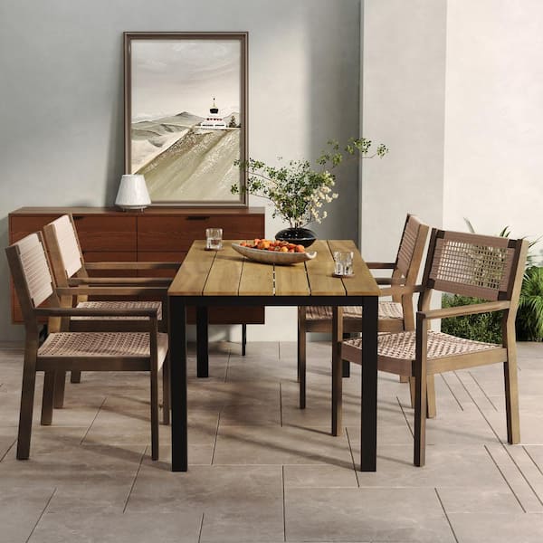 CHRISTOPHER KNIGHT HOME Lysandra 5-Piece Outdoor Patio Dining Set, Rope Weave Chairs, Metal Frame Table, Acacia Wood, Grey + Light Brown + Black