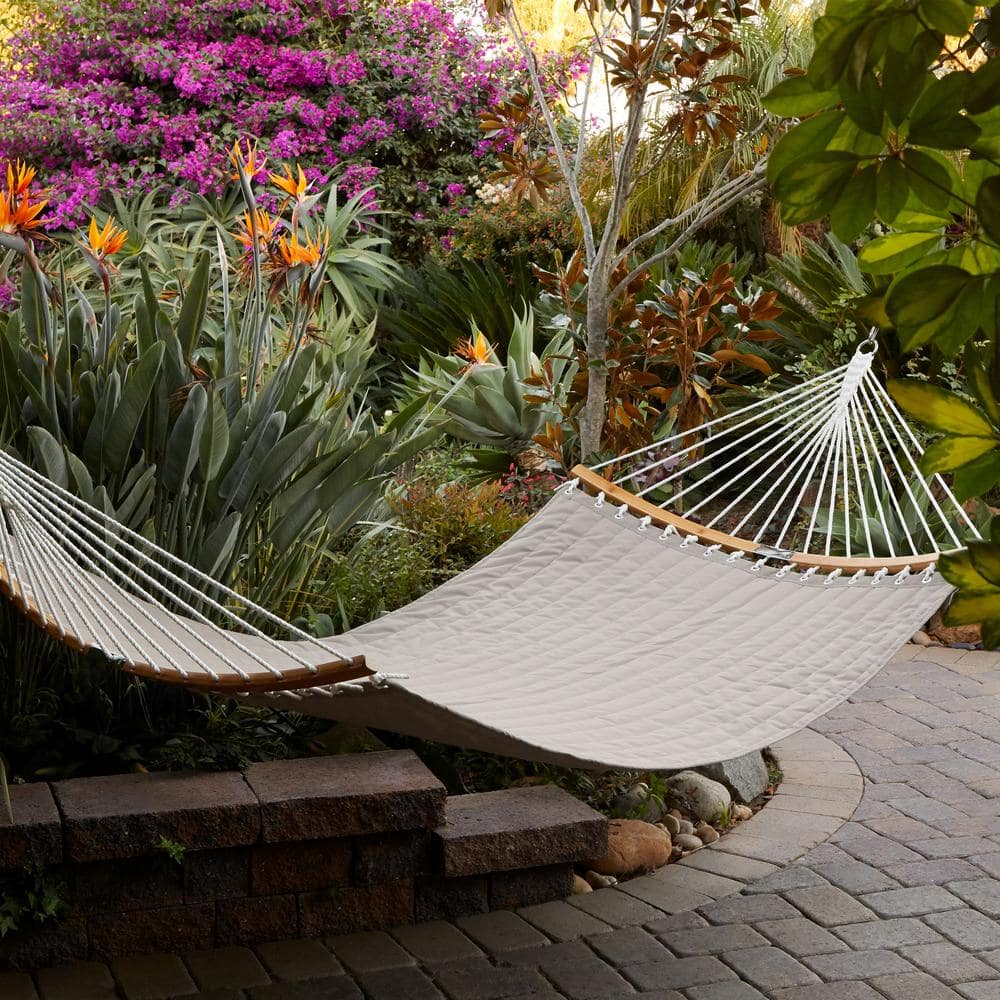 Tan Quilted Double Hammock with Bamboo Spreader Bars