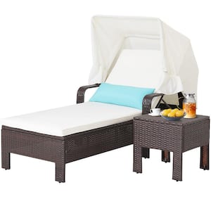 2-Pieces Wicker Patio Conversation Set Rattan Lounge Chair with Side Table Folding Canopy Cushion Pillow in Off White