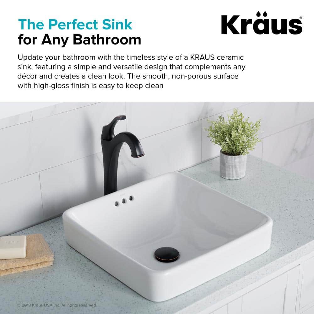 Elavo White Ceramic Square Semi-Recessed Bathroom Sink with Overflow