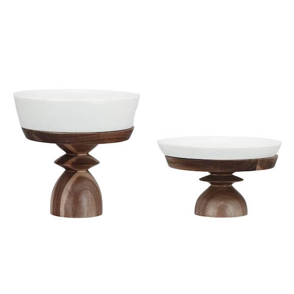 1-Tier White and Brown Round Acacia Wood-Enhanced Stoneware Cake Stand (Set of 2)