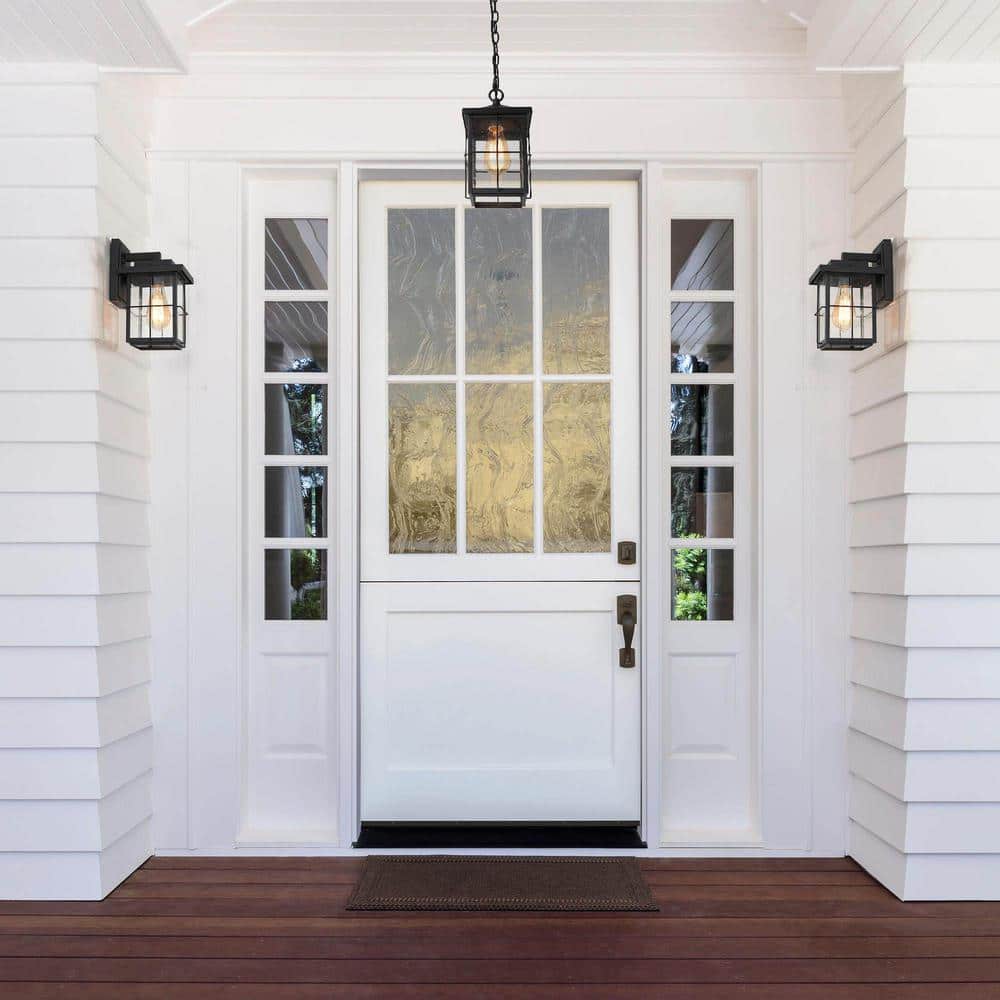 Matte Black Seeded Glass 1-Light Outdoor Pendant Lantern