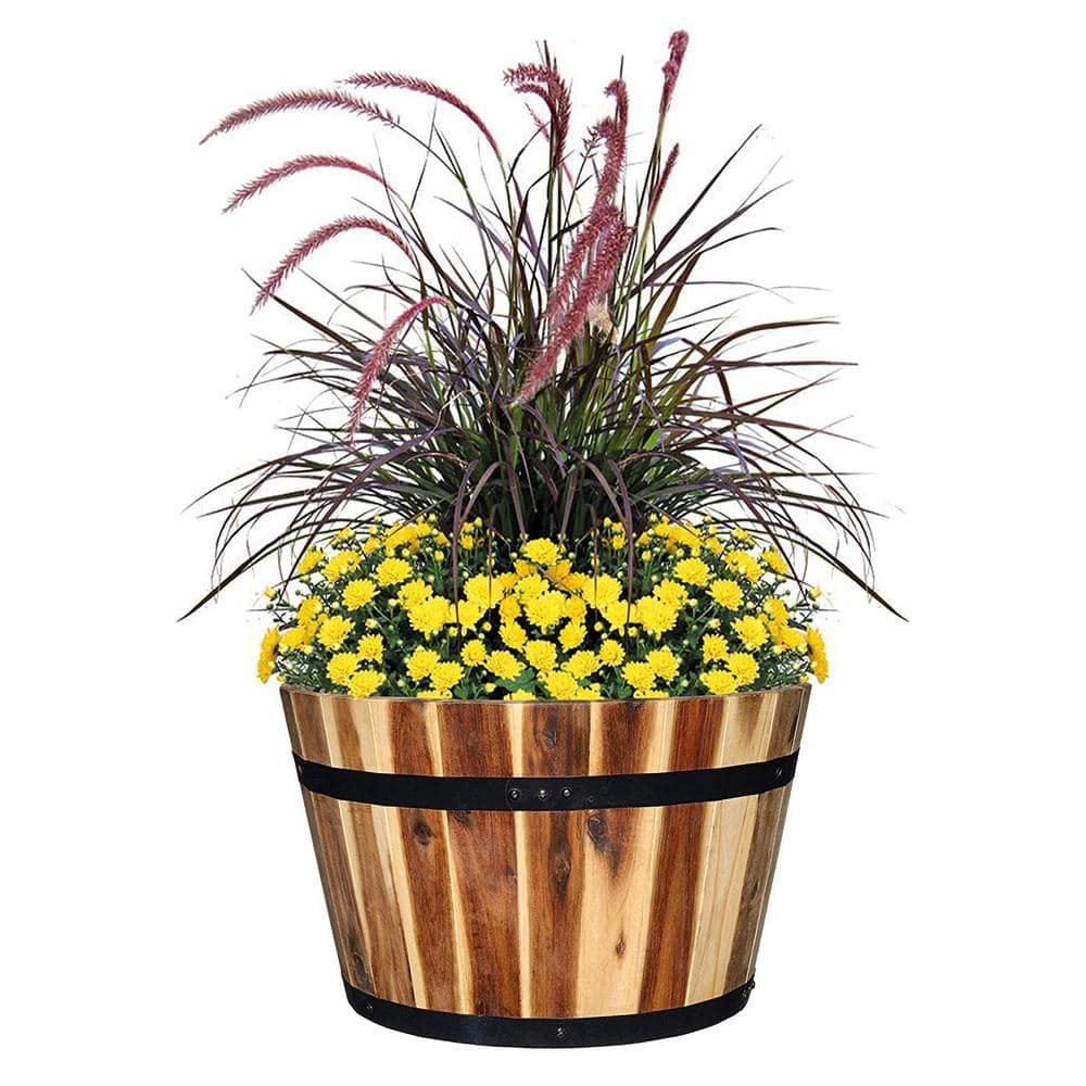 16-Inch Acacia Wood Whiskey Barrel Planter with Black Metal Bands