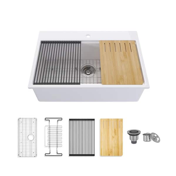33 in. Drop-in Single Bowl Fireclay Workstation Kitchen Sink with Drying Rack and Cutting Board-Includes Accessories