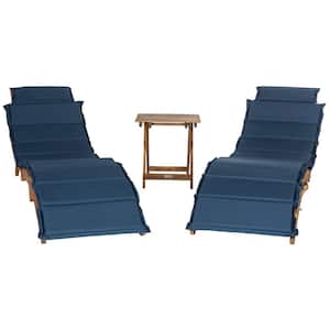 Pacifica Natural Brown 3-Piece Wood Outdoor Chaise Lounge Chair with Navy Cushion