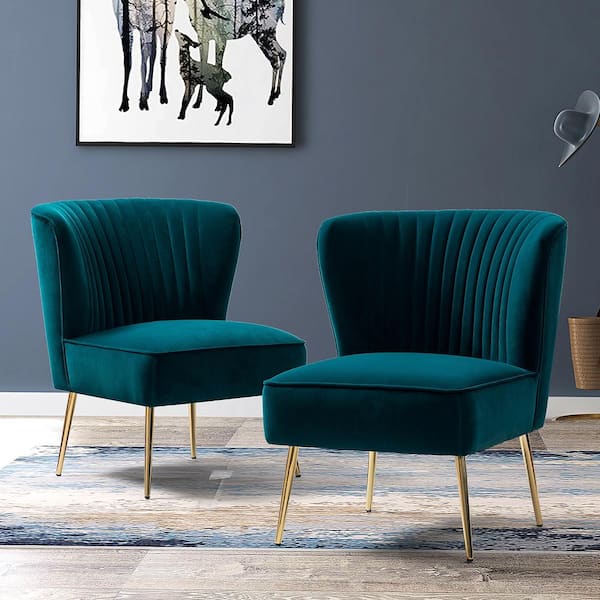 JAYDEN CREATION Monica Modern Teal Velvet Comfy Living Room Side Chair with Golden Metal Legs (Set of 2)