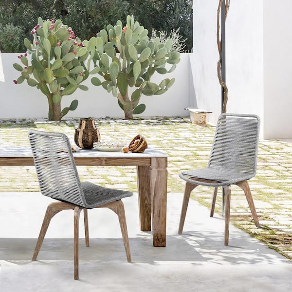 Armen Living Island Outdoor Light Eucalyptus Wood and Grey Rope Dining Chairs (Set of 2)